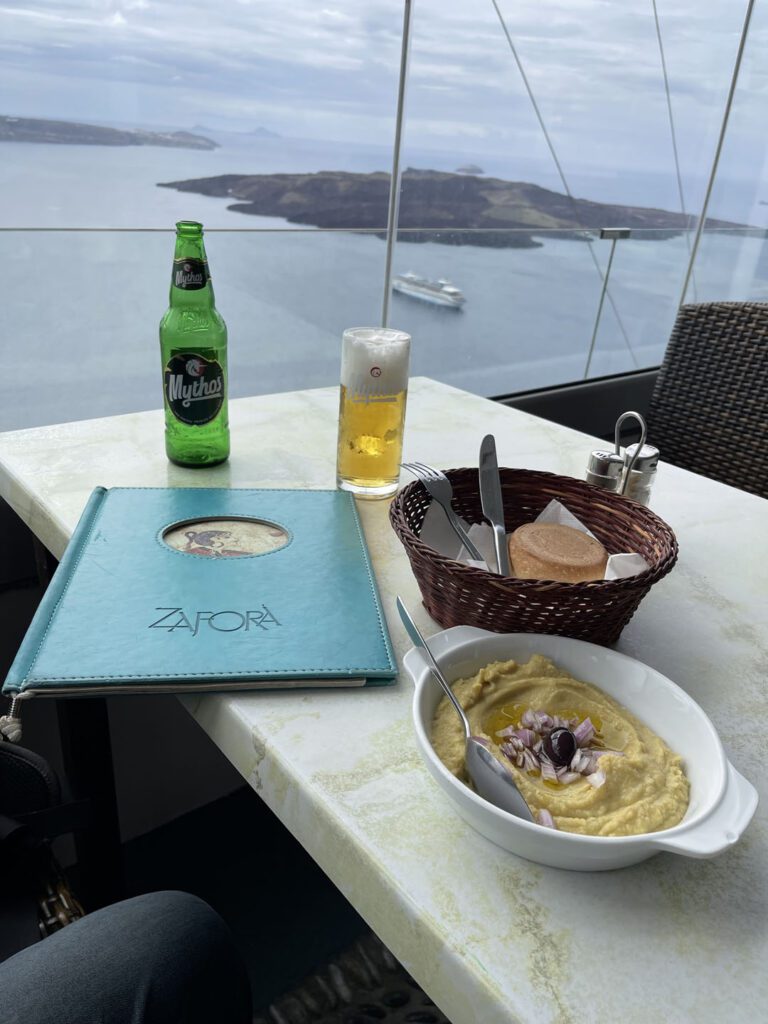 Zafora Lunch: Hummus and Mythos Beer